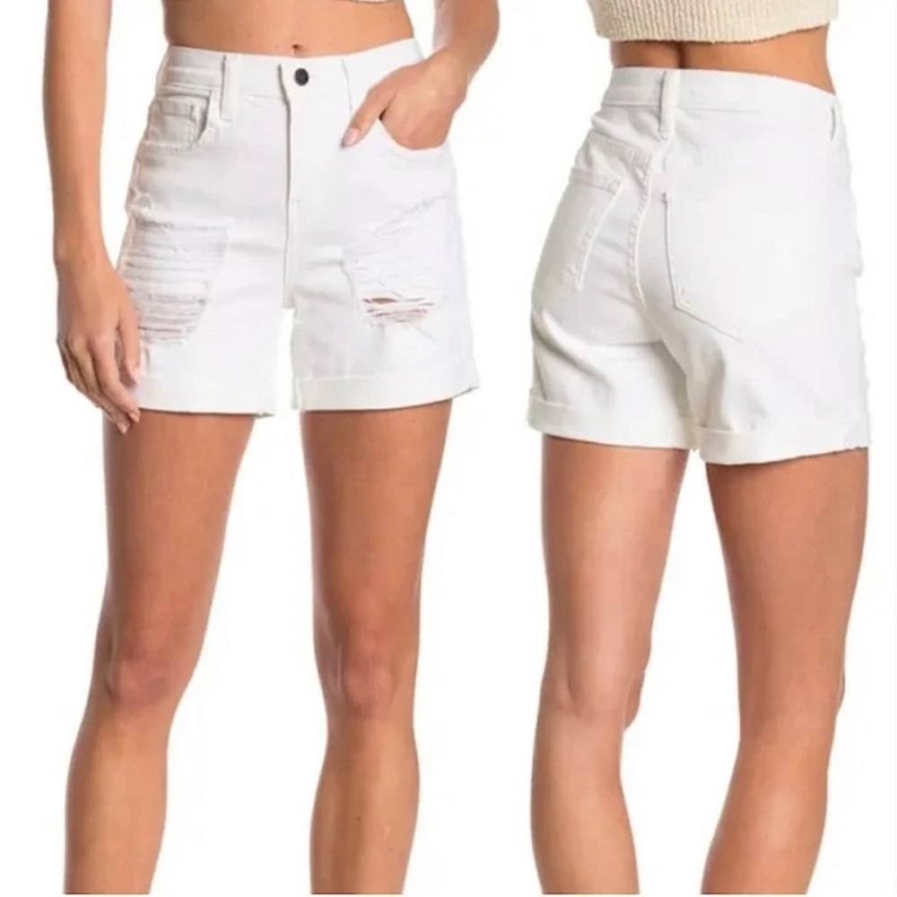 L'AGENCE White Balboa Double Roll Denim Distressed Shorts